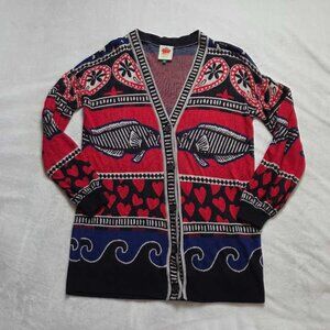 XS Farm Rio x Anthropologie navy mixed prints knit cardigan sweater Fish Hearts